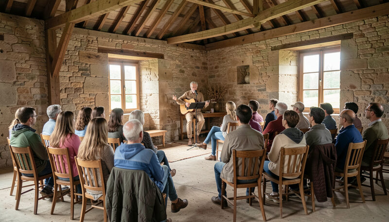 Photographie illustrant : tourner en salles des fêtes et lieux patrimoniaux, scene preparee pour le magazine Le Rideau de Bourgogne.