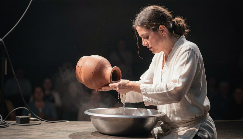 Photographie illustrant : l'eau comme matière d'un spectacle en solo, scene preparee pour le magazine Le Rideau de Bourgogne.